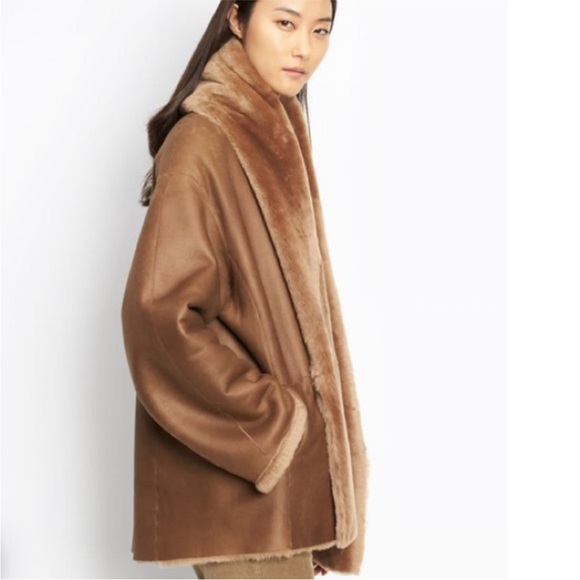 Vince camel shawl collar reversible shearling leather coat with hood jacket S - Picture 11 of 11